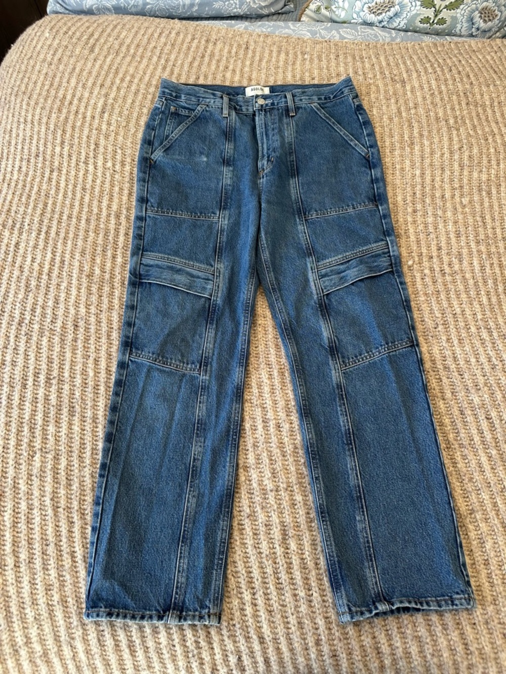 Agolde Women's Straight Leg Dark Blue Patchwork Denim Jeans Cooper Wash - Picture 6 of 8